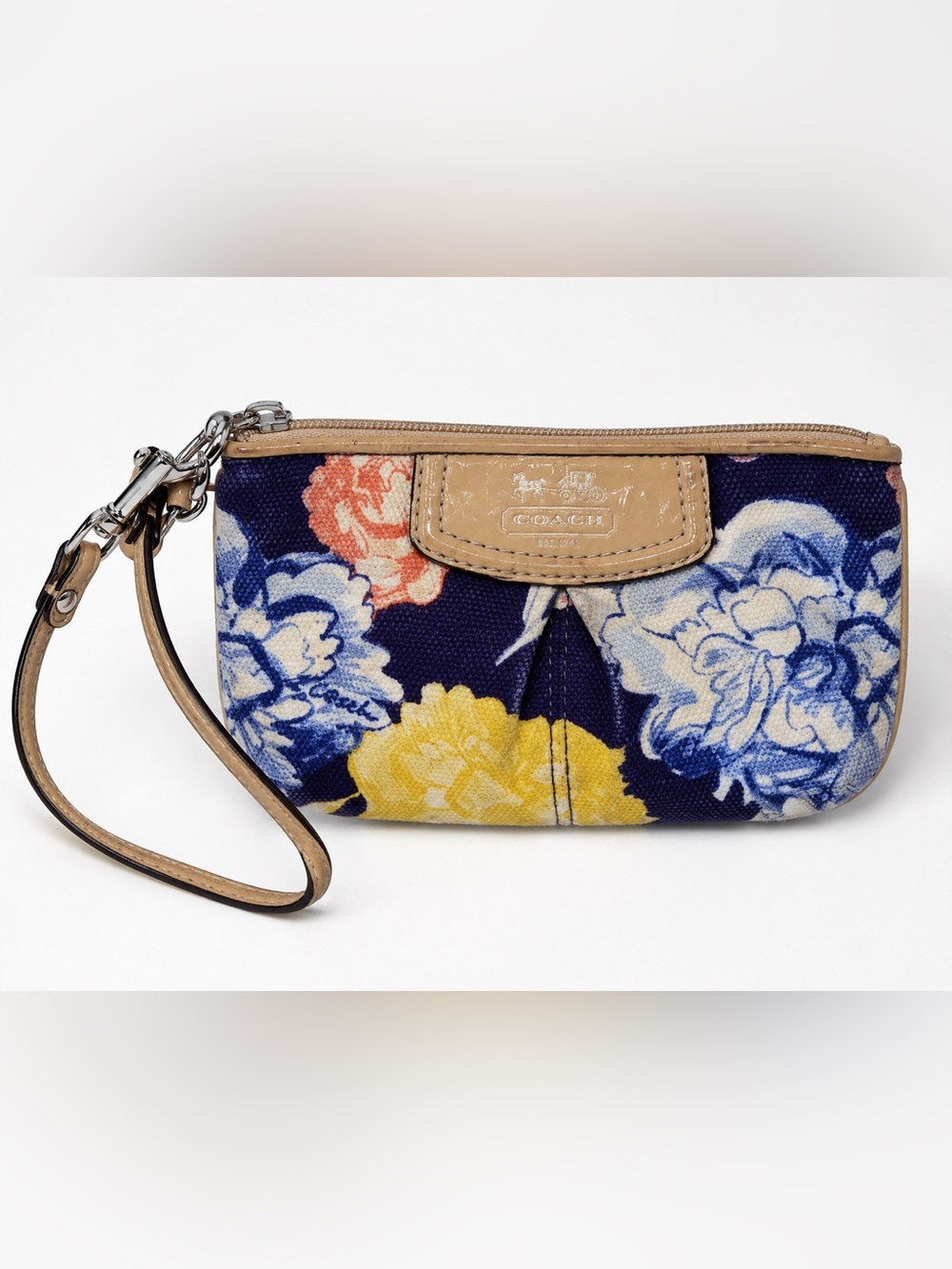 Coach Floral Canvas Wristlet Blue Yellow Print Zip Pouch Beige Patent Leather